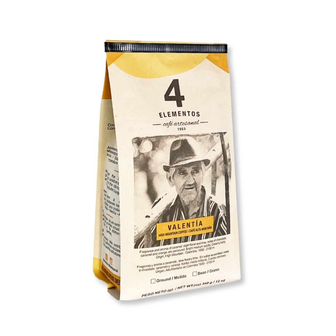 Cafe 4 Elementos Valentía 340g, café premium colombiano de origen, especial y gourmet para paladares exigentes.