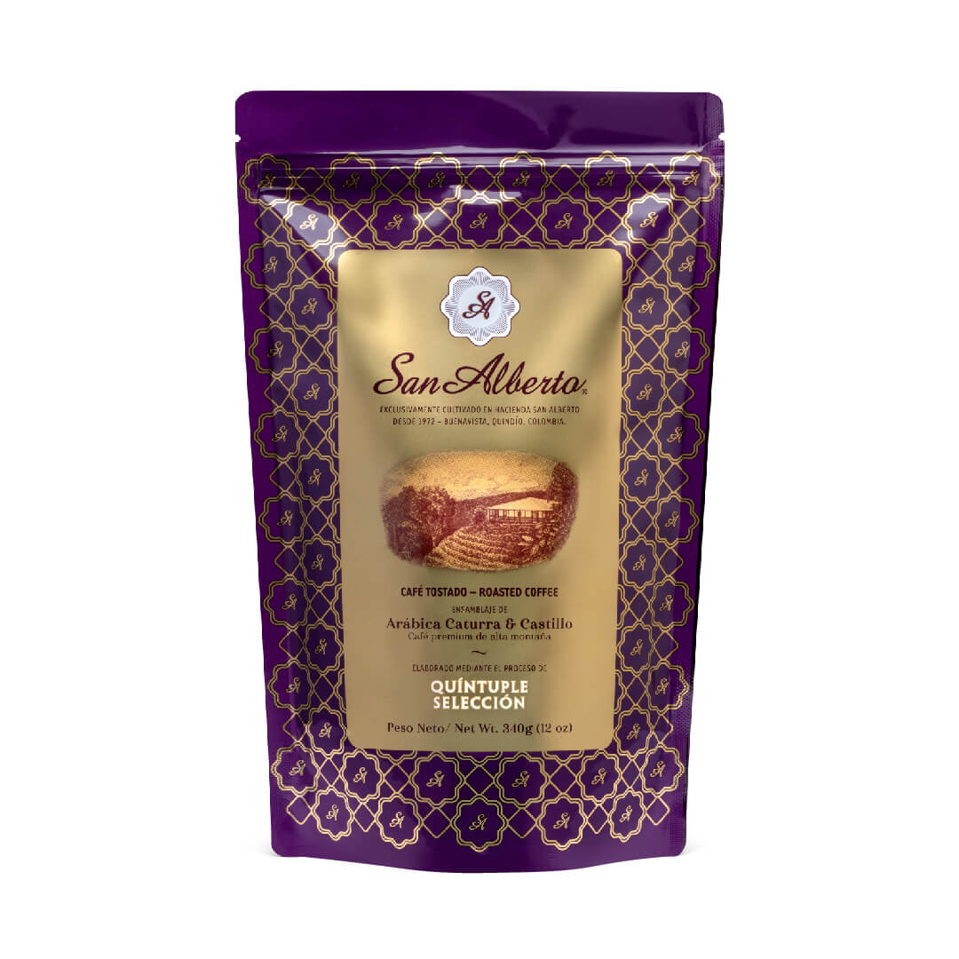 Café San Alberto 340G, café 100% colombiano de origen premium y gourmet, con aroma y sabor auténtico en grano.