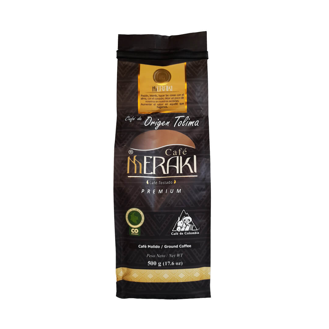 Café Meraki Premium 500g molido, café especial colombiano del Tolima con perfil complejo y artesanal.