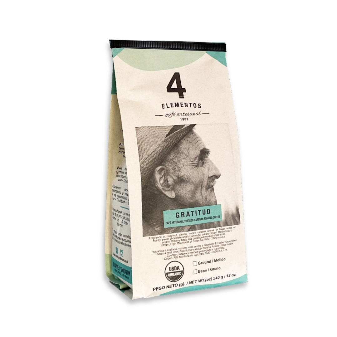 Cafe 4 Elementos Gratitud 340g, cafe orgánico colombiano USDA, especial y gourmet orgánico de origen.