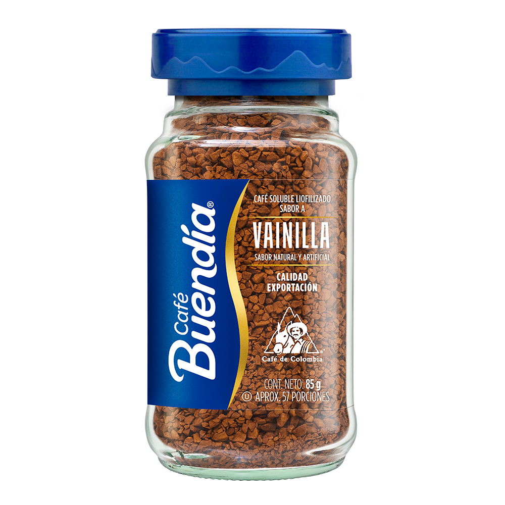 Café Buendía Liofilizado Amaretto 85G, café colombiano saborizado instantáneo premium con aroma y sabor.