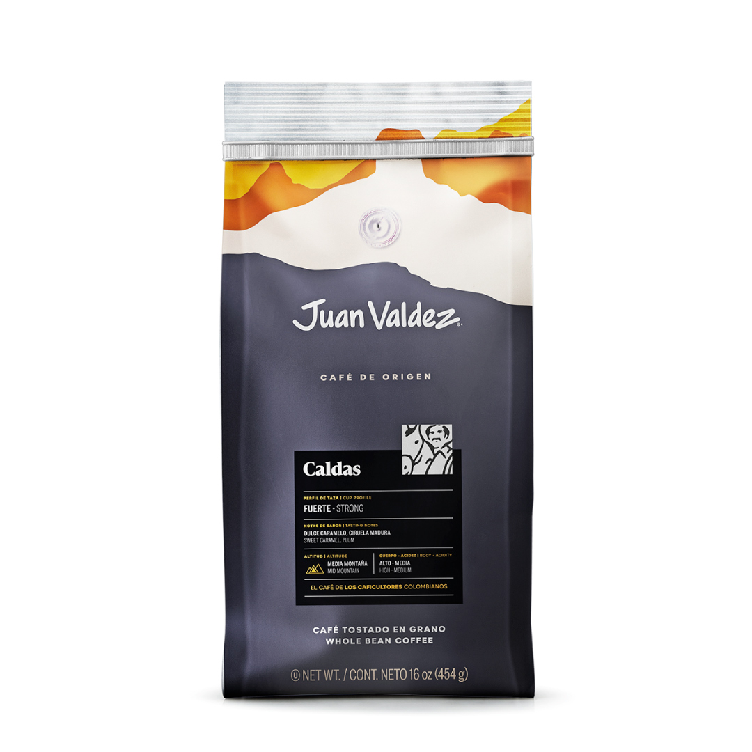Juan Valdez Café Origen Caldas, café especialidad Colombia con aroma intenso y sabor auténtico de la región cafetera.