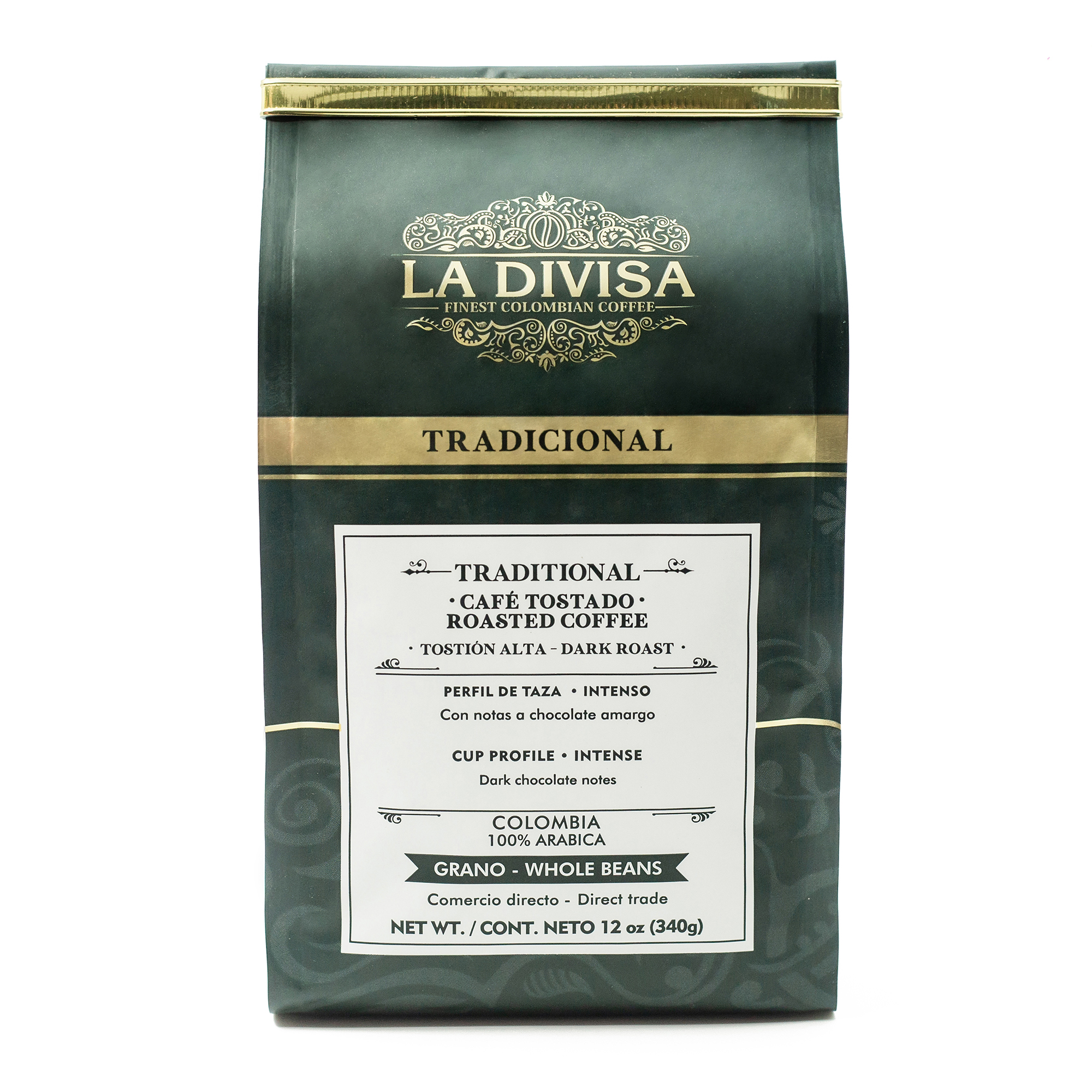 Café La Divisa Tradicional Grano 340g, café en grano de finca en Tolima, artesanal y 100% colombiano.