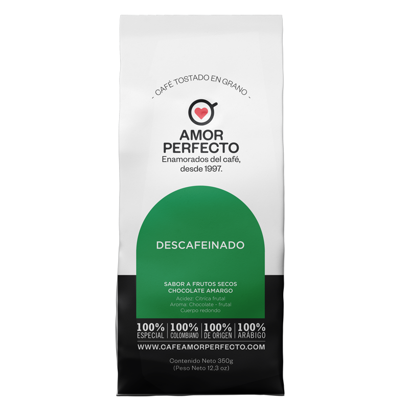 Amor Perfecto Cafe Descafeinado 350G, cafe colombiano premium, especial, sin cafeina y muy saludable.
