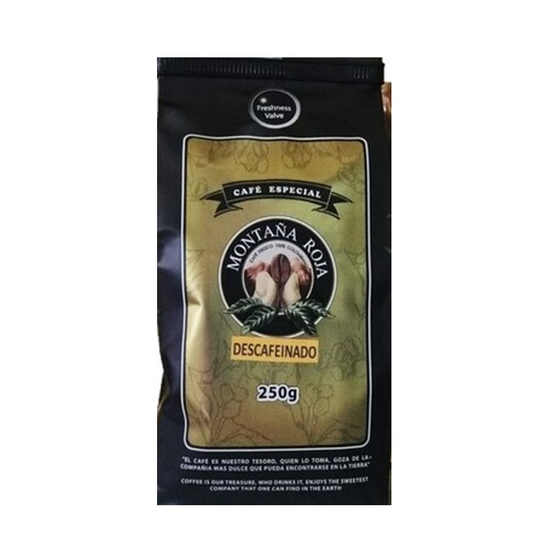 Café Montaña Roja Descafeinado 250G, café colombiano molido premium, sin cafeína y con sabor auténtico y saludable.