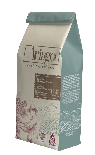 Cafe Ariago Alamos Premium 340g, cafe especial colombiano en grano con aroma intenso y sabor gourmet.