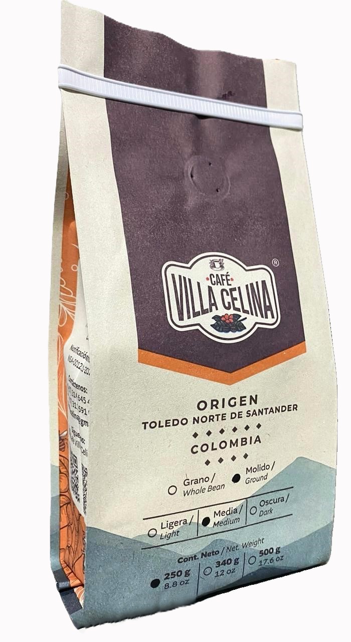 Café Villa Celina Origen Toledo Molido 250G, café colombiano artesanal con aroma y sabor gourmet premium.