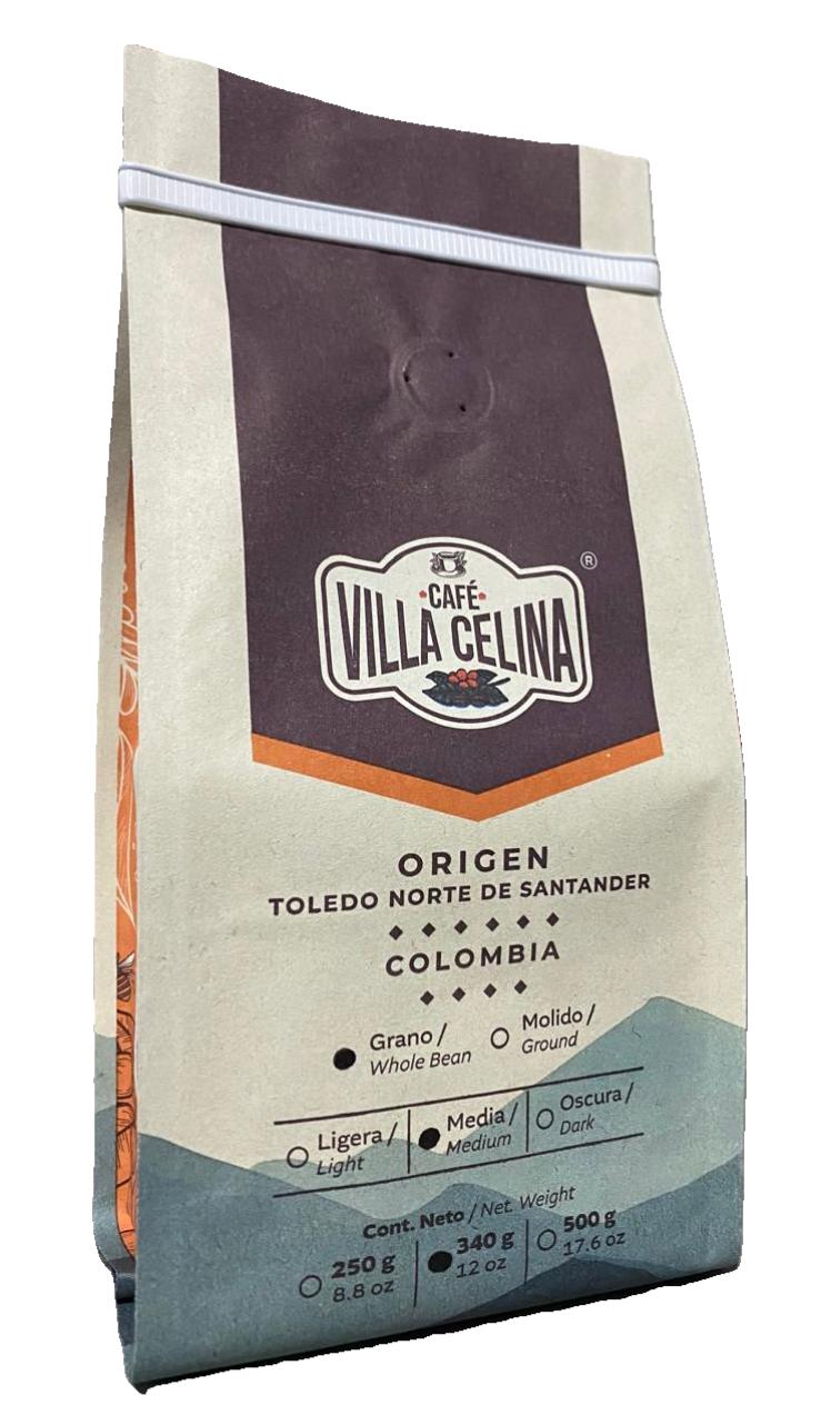 Cafe Villa Celina Origen Toledo 340G, cafe especial colombiano en grano con aroma intenso, sabor artesanal.