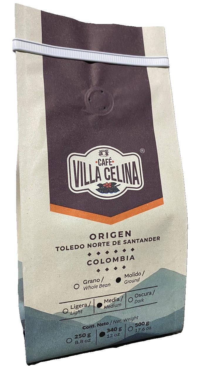 Café Villa Celina Origen Toledo Molido 340G, café colombiano artesanal con aroma intenso y sabor premium.