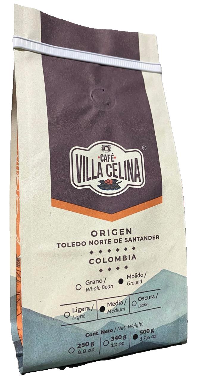 Cafe Villa Celina Origen Toledo Molido 500G, cafe colombiano artesanal con aroma intenso y sabor premium.