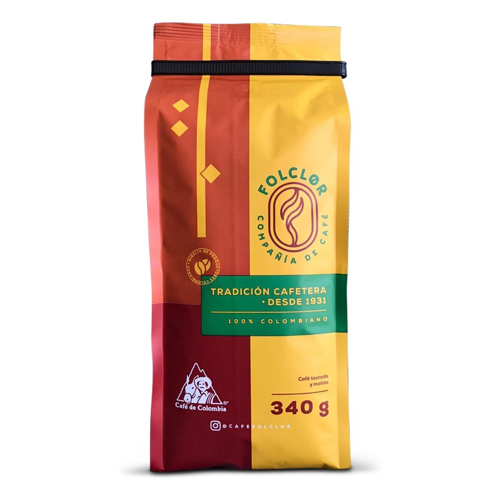 Cafe Folclor 340G, mejor cafe colombiano artesanal en grano con aroma intenso y sabor auténtico de origen.