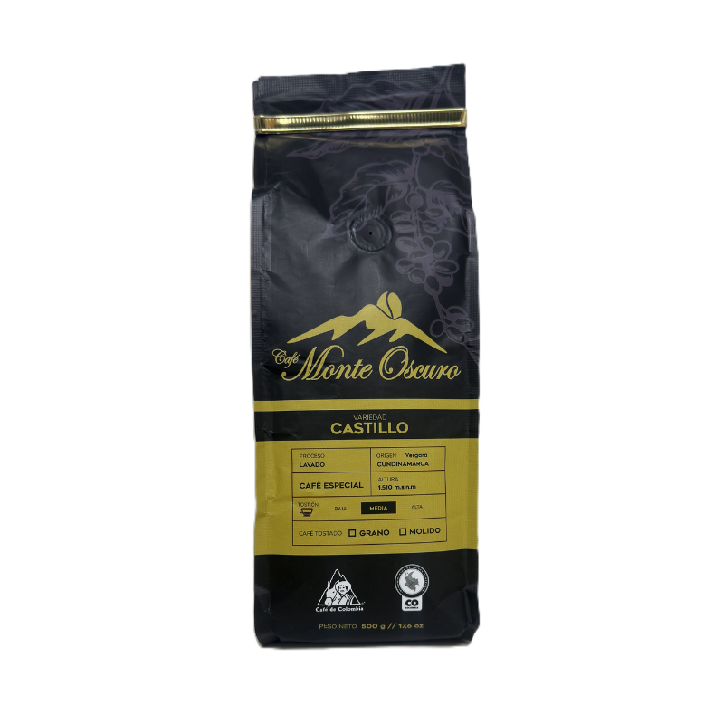 Cafe Monte Oscuro Especialidad 500G, cafe colombiano artesanal en grano con aroma intenso y sabor único.