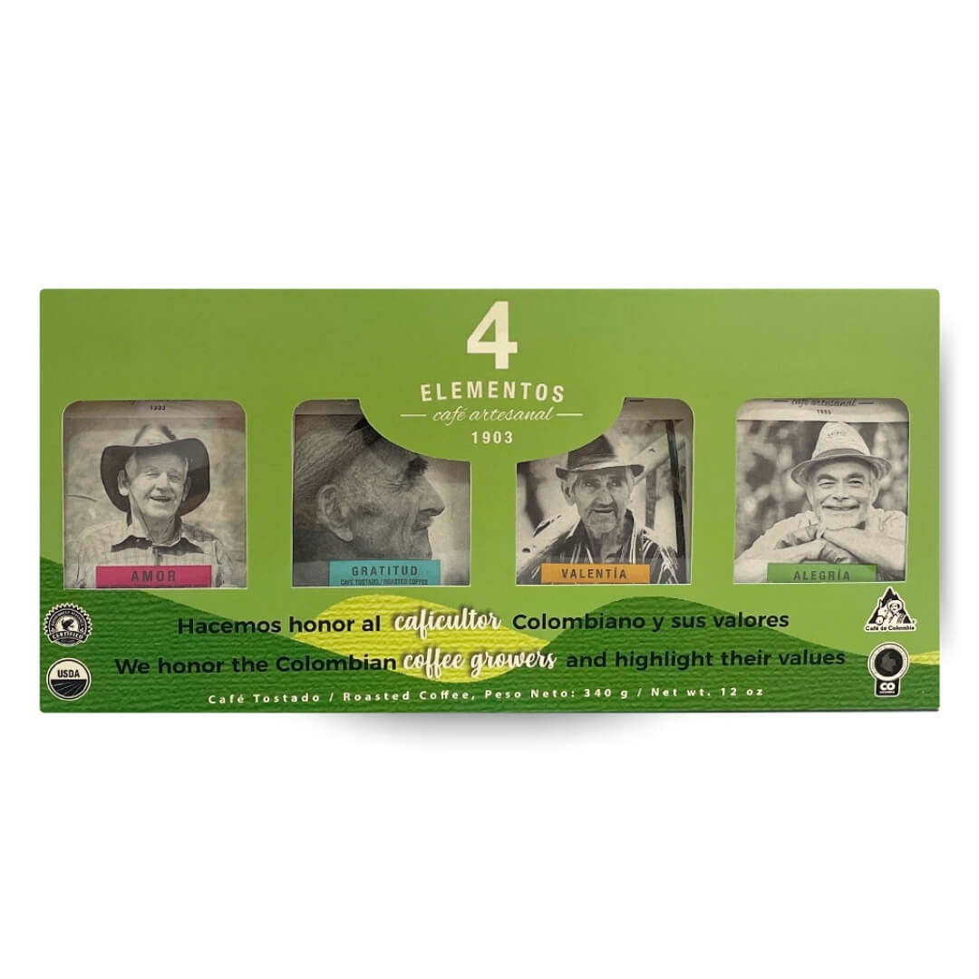 Cafe 4 Elementos Kit de regalo 340g, kit de cafe premium colombiano, cafe especial y gourmet para regalar.