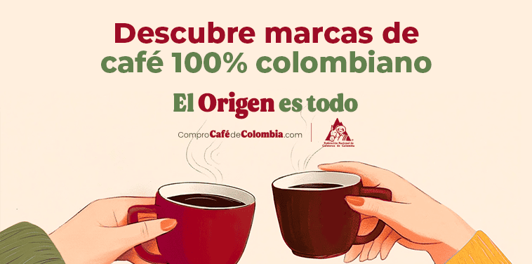 Banner de Juan Valdez Café con dos manos brindando tazas de café caliente y mensaje de origen colombiano.