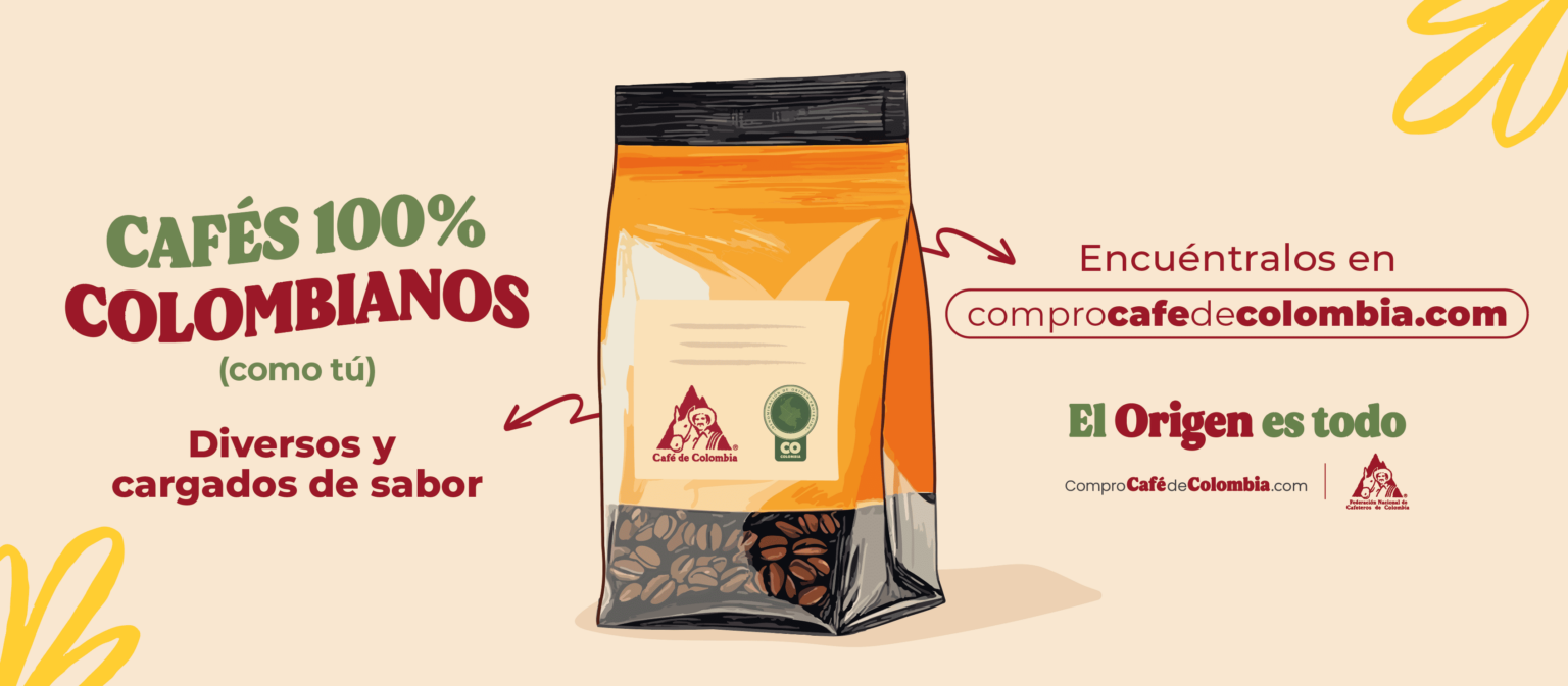 Banner de Juan Valdez Café con empaque naranja de café colombiano y mensaje de cafés diversos y con sabor.