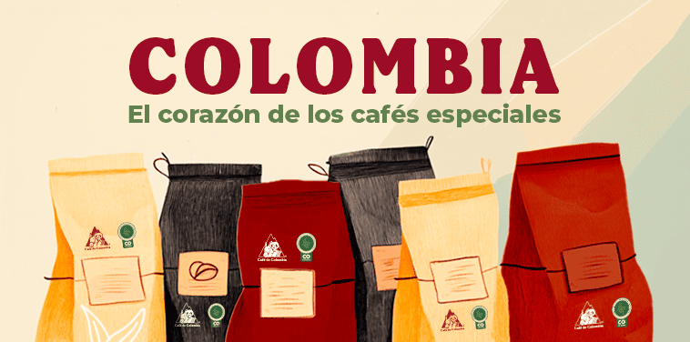 Banner de Juan Valdez Café con empaques de cafés especiales de Colombia en tonos rojos, negros y dorados.