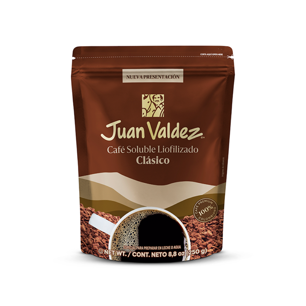Juan Valdez Cafe Liofilizado Clásico Doypack, instantáneo ideal para tinto, capuchino o frapuchino.