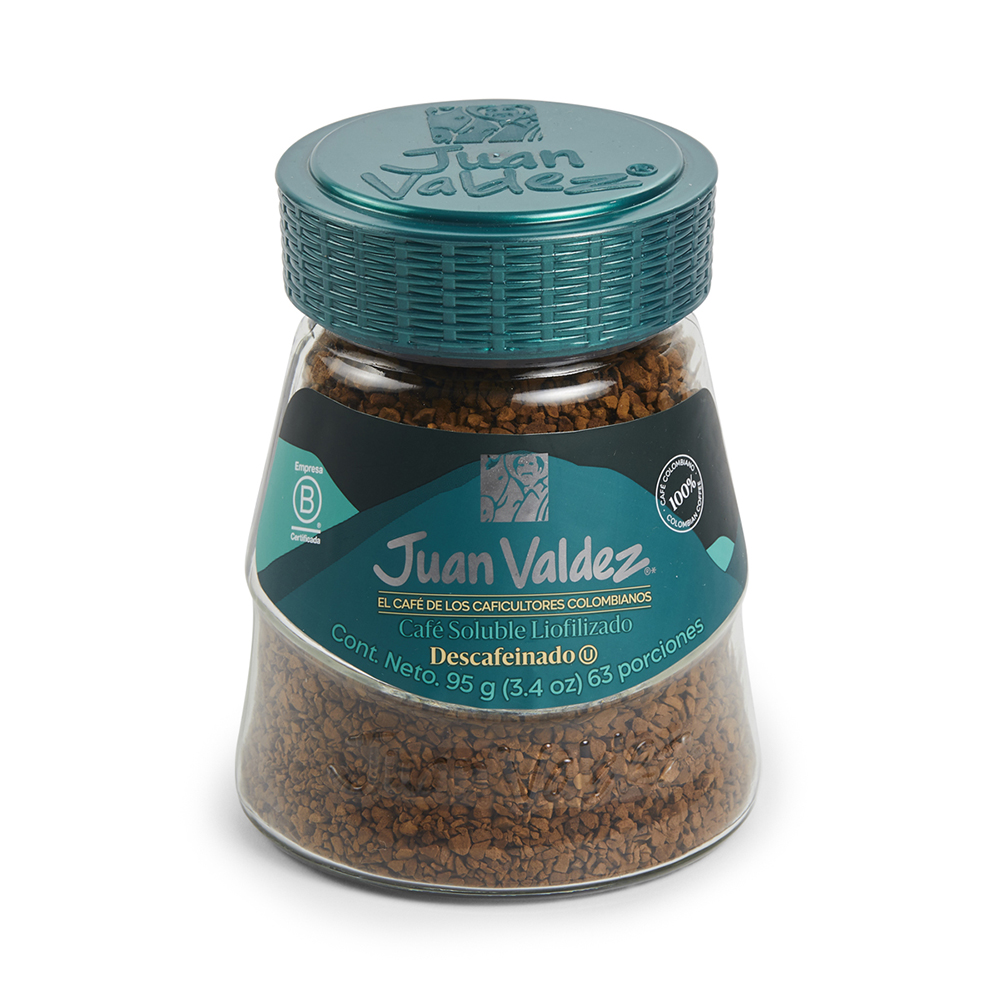 Juan Valdez Cafe Liofilizado Descafeinado, instantáneo perfecto para tinto, capuchino o frapuchino suave.