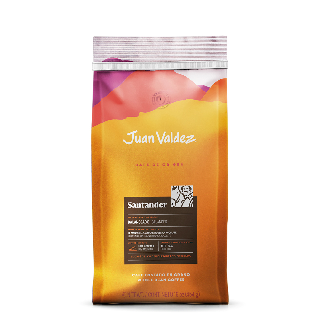Juan Valdez Cafe en grano Origen Santander 454G, perfil balanceado con notas de manzanilla y chocolate.