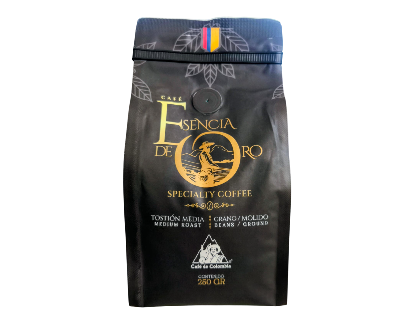 Cafe Esencia de Oro 250G, cafe especial colombiano artesanal de aroma intenso y sabor gourmet incomparable.