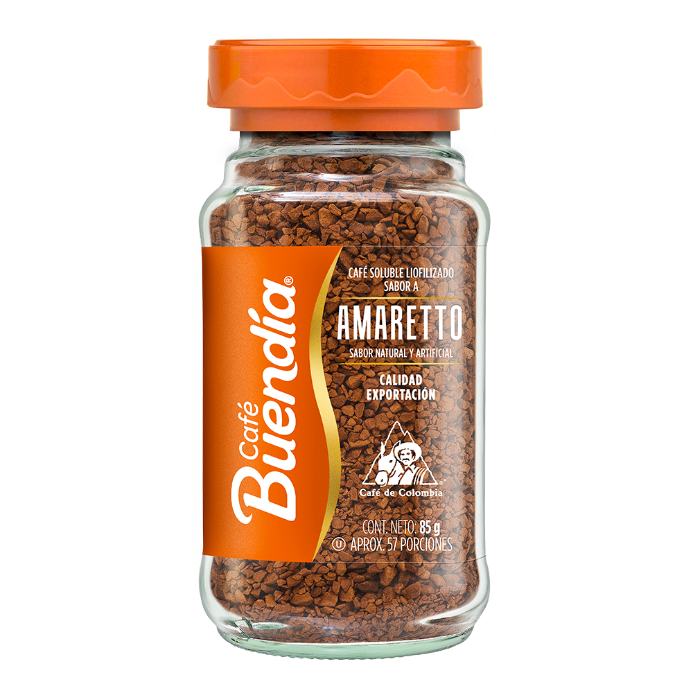Café Buendía Liofilizado Amaretto 85G, café instantáneo colombiano premium, orgánico, sostenible, calidad