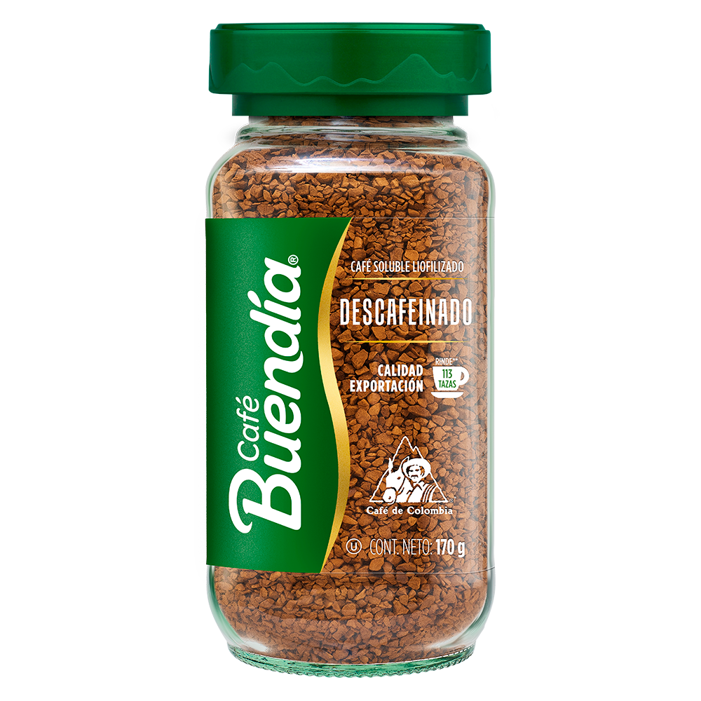 Café Buendía Liofilizado Descafeinado 170G, café colombiano soluble sin cafeína, instantáneo, premium.