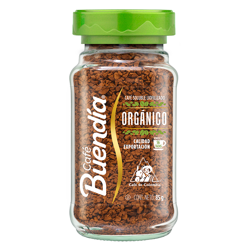 Café Buendía Liofilizado Orgánico 85G, café colombiano instantáneo y sostenible en polvo de alta calidad.