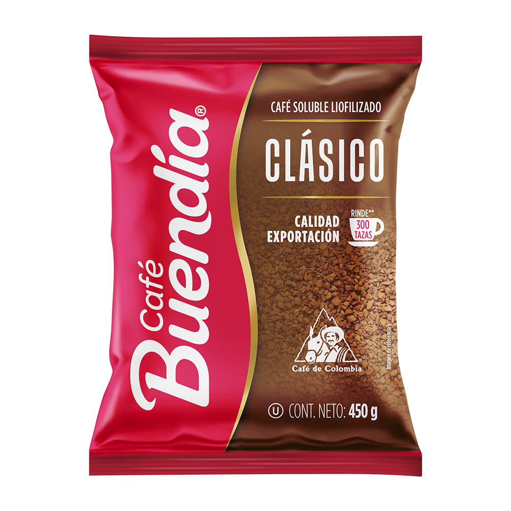 Café Buendía Liofilizado Tradicional Bolsa 450G, café soluble colombiano premium para oficina o consumo.