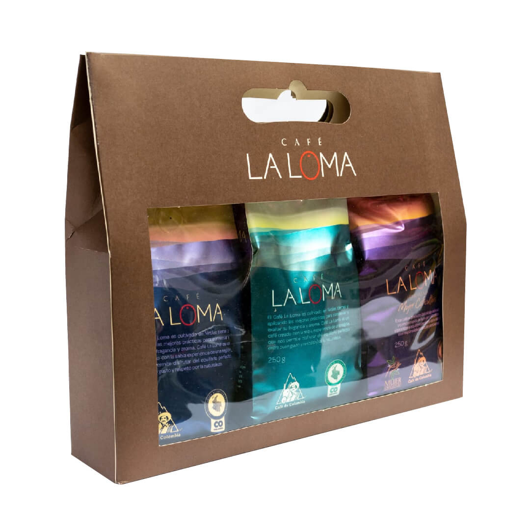 Kit Café La Loma Tripack 250g c/u, pack de café colombiano especial, ideal para regalo con sabor auténtico.