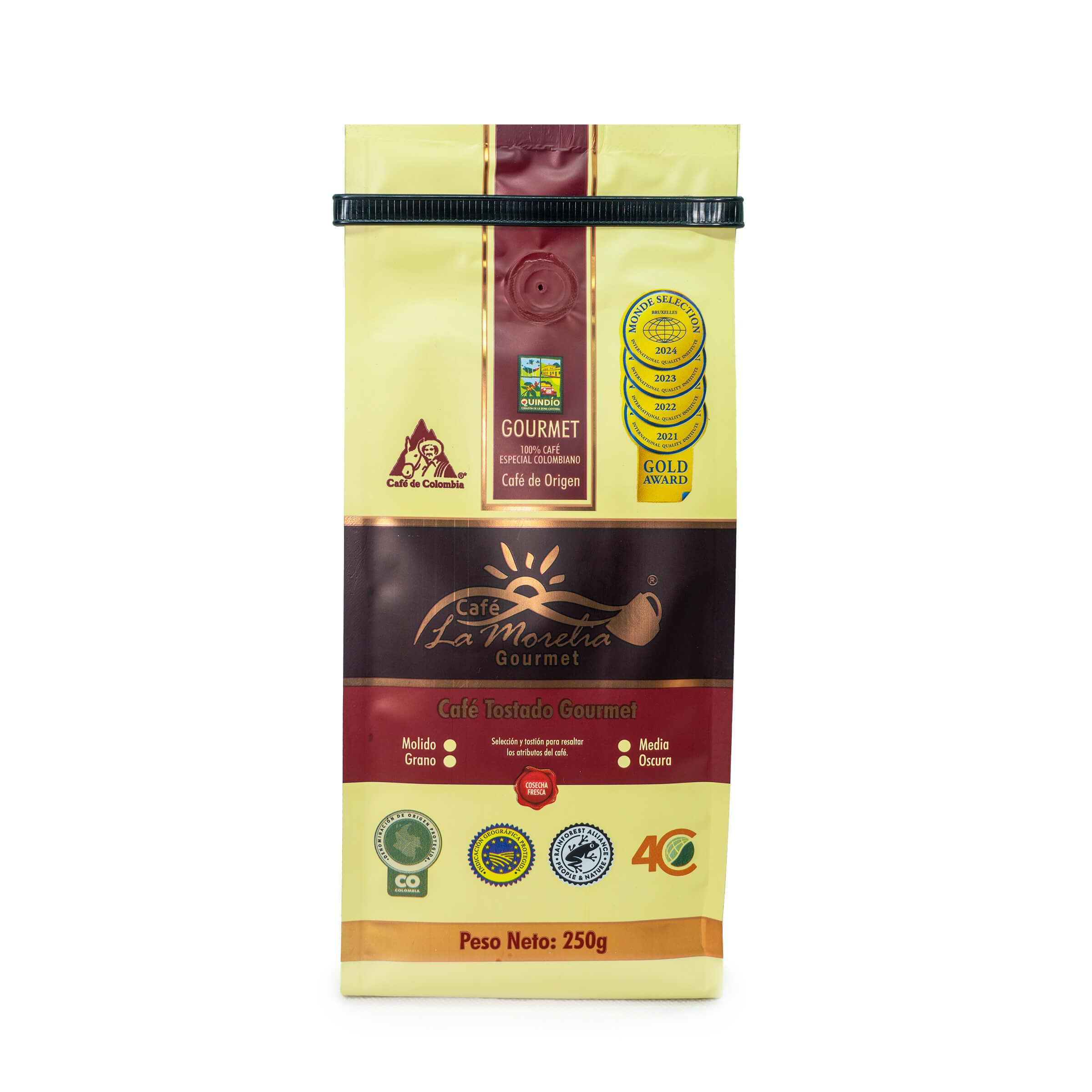 Café La Morelia Gourmet 250G, café colombiano especial de origen, premium y gourmet con sabor auténtico.