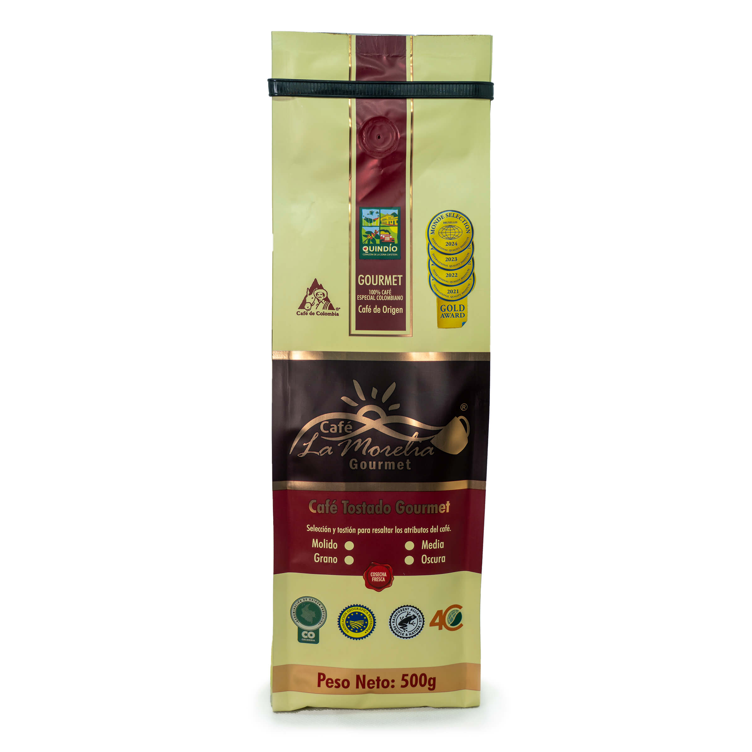 Café La Morelia Gourmet 500G, especial colombiano de origen premium, con aroma intenso y sabor auténtico.