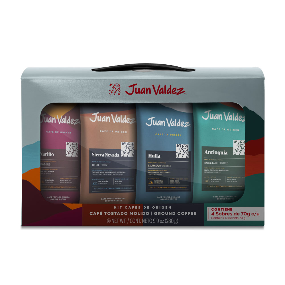 Juan Valdez Cafe Kit Sachets Origen x4, cafe en sachets de variedades ideal para degustar y compartir.