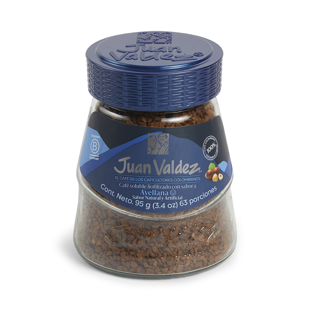 Juan Valdez Cafe Liofilizado Avellana, cafe instantáneo de Colombia con sabor dulce y aroma muy especial.