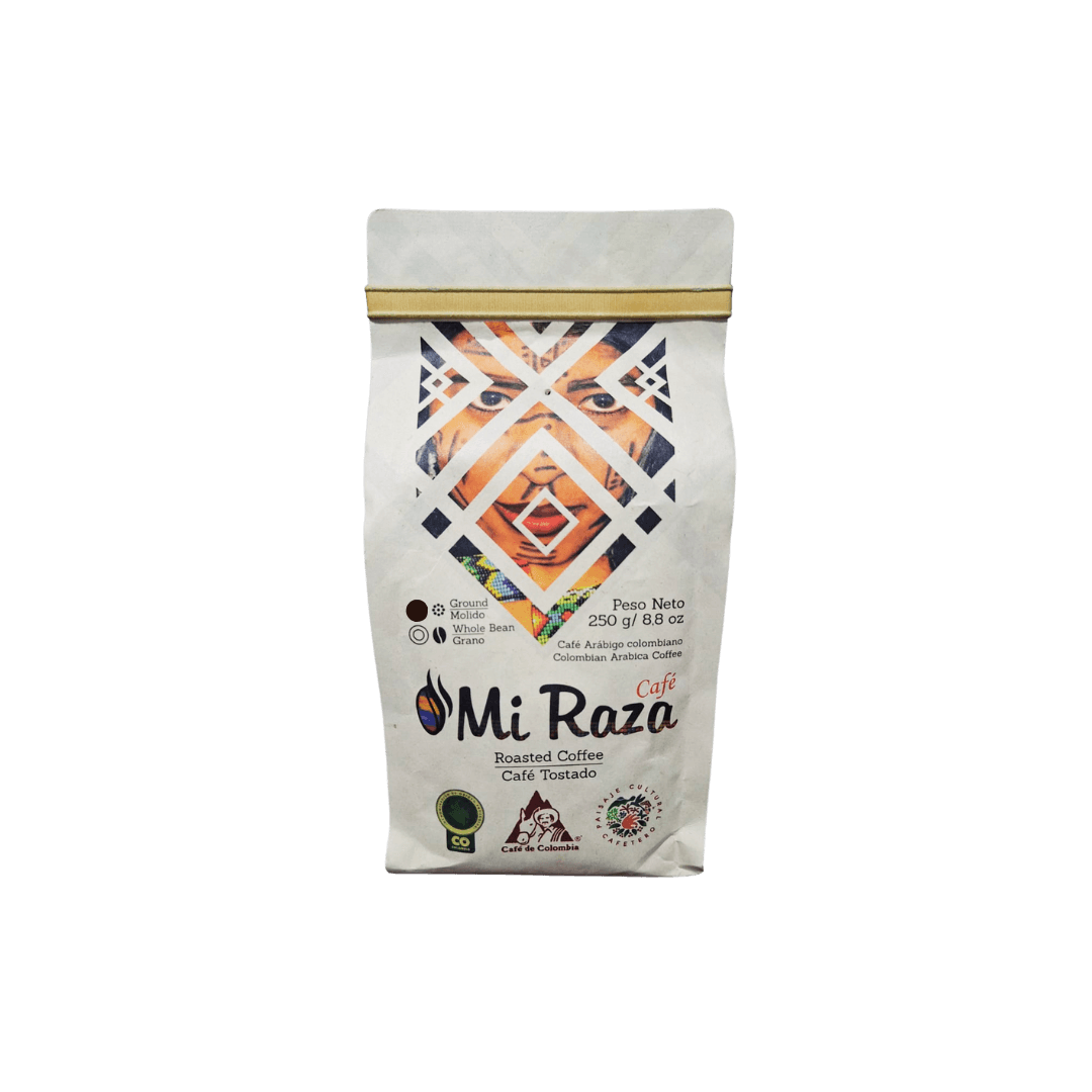 Café Mi Raza 250g, café colombiano premium 100% arábica y café artesanal suave de origen colombiano.