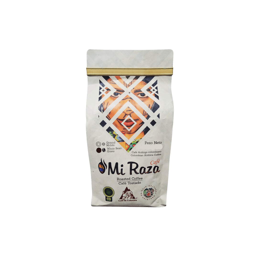 Café Mi Raza 340g, café premium 340 gramos de origen, colombiano artesanal arábica suave y balanceado.