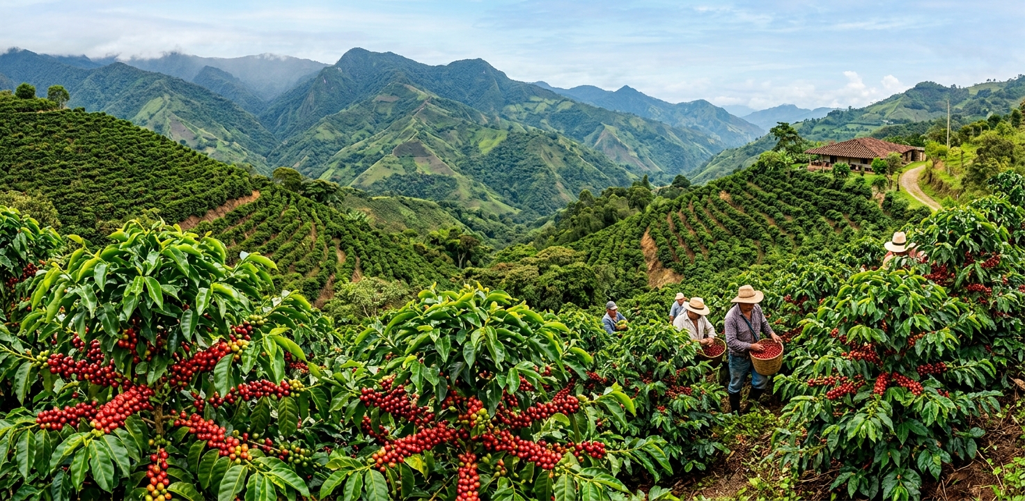Cultivo de café en Colombia: caficultores cosechando a mano los mejores cafés en grano con Denominación de Origen.